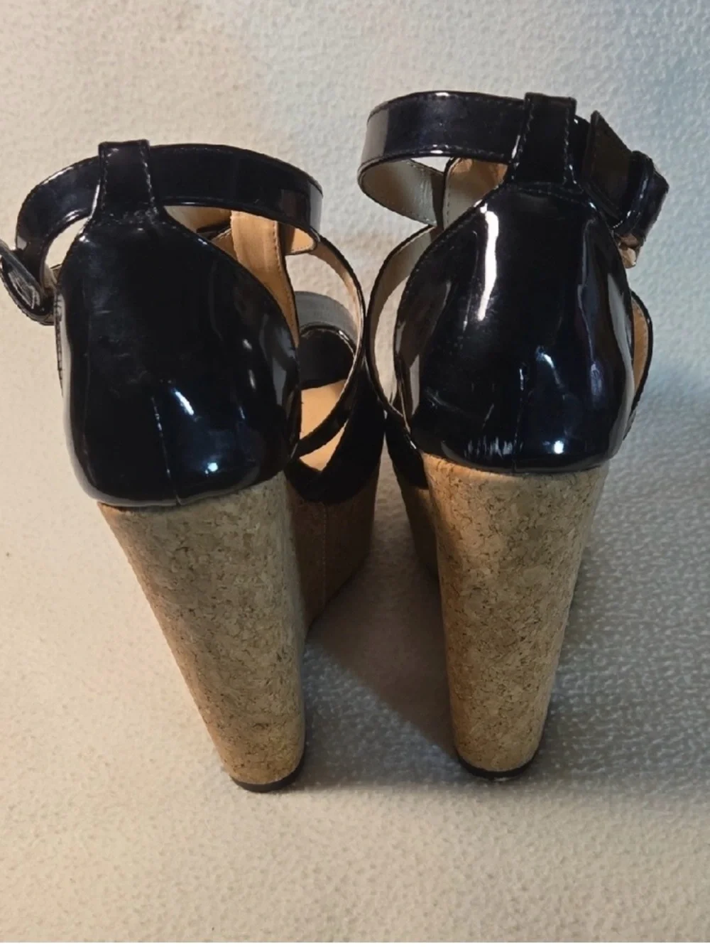 Black Patent Wedge Sandals with Cork Platform